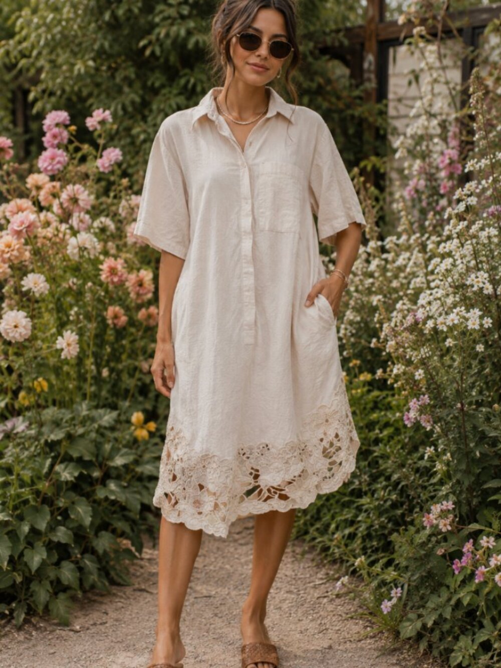 WKND WYFR Taupe Floral Cut Out Short Sleeve Button Dress XS Coastal Lagenlook